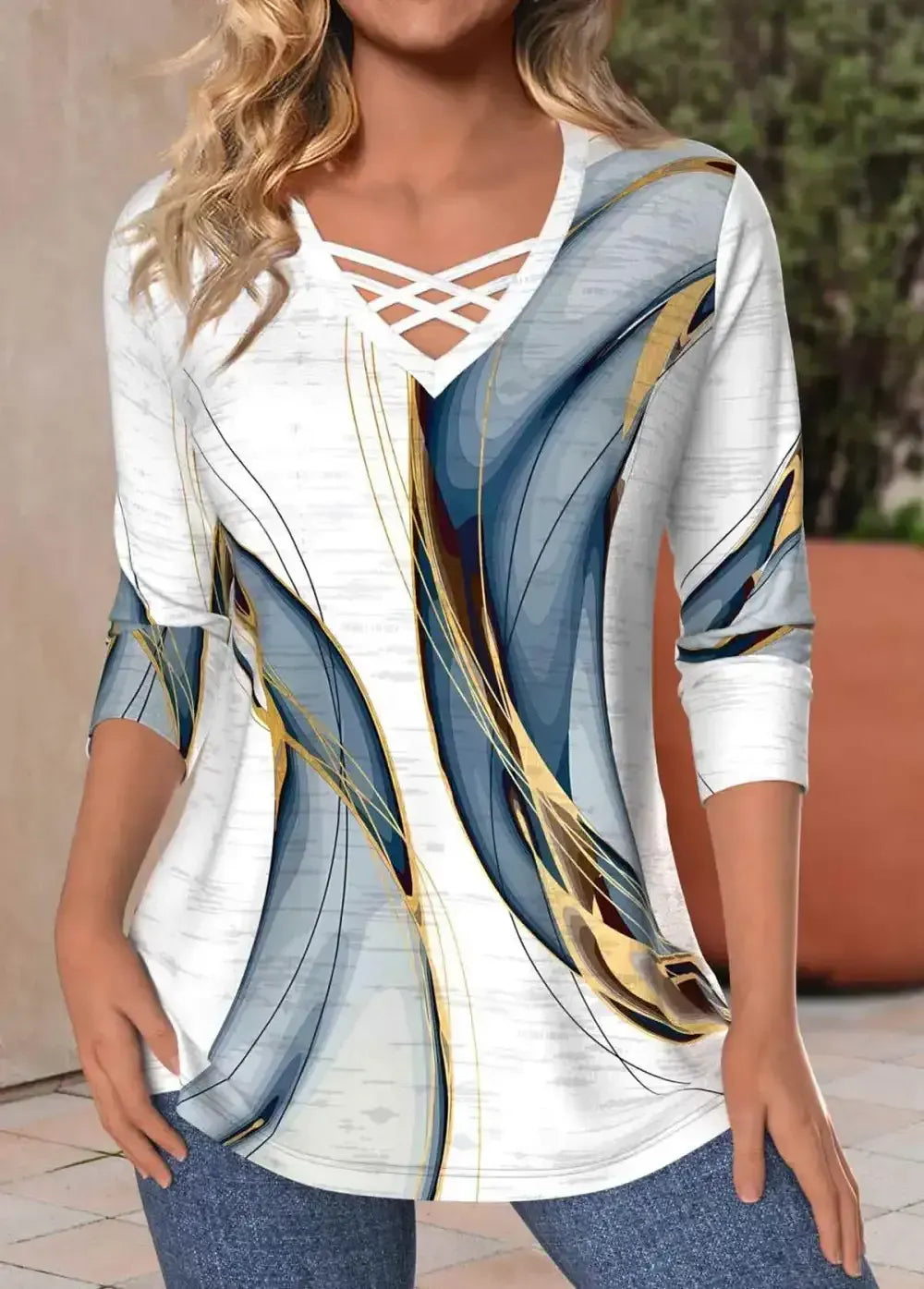 White Criss Cross Geometric Print Long Sleeve T Shirt