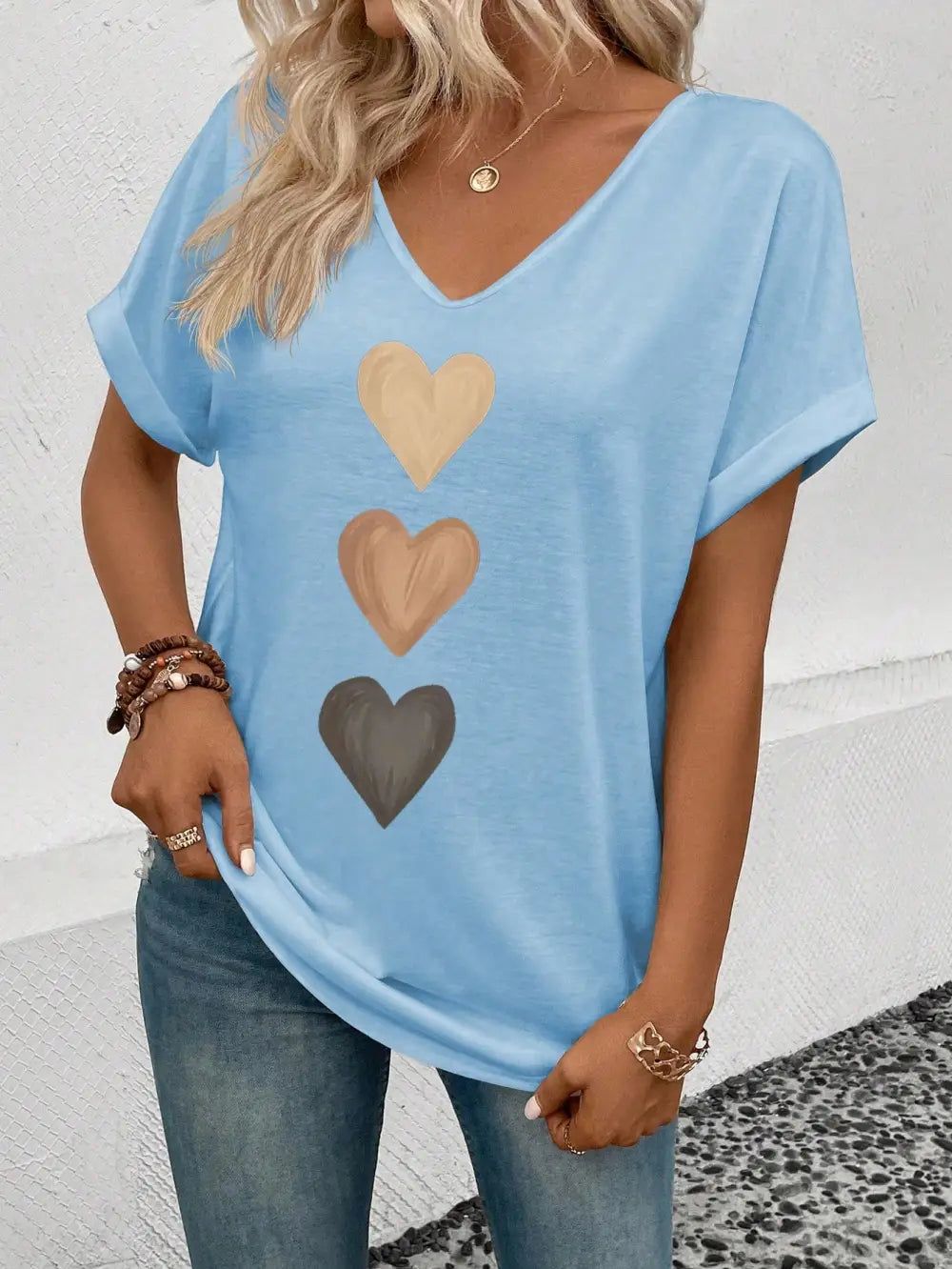 Women's V-Neck Ruffle Sleeve Ombre Heart Print Casual T-Shirt, Versatile For Spring & Summer