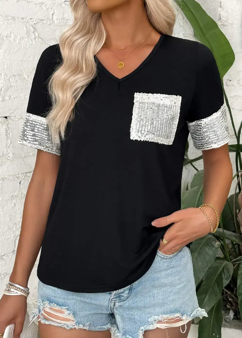 Black Short Sleeve V Neck T Shirt