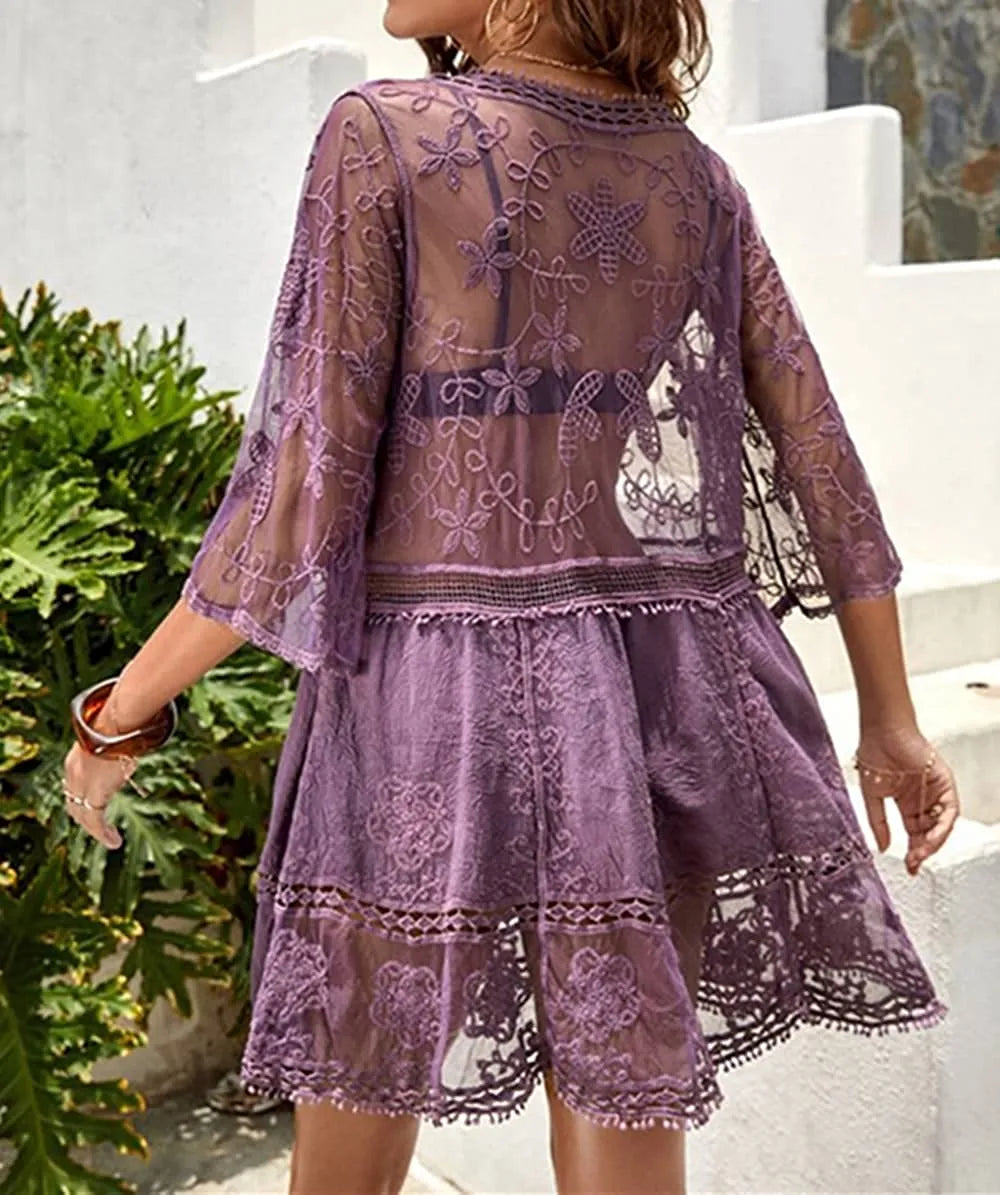 Women's Contrast Lace Bathing Suit Cover Up V-Neck Swimsuit Coverups Loose Swimwear Beach Dress Beachwear