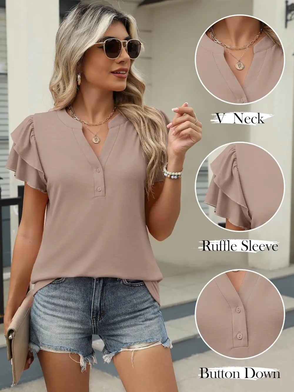 ANRABESS Womens Tops Dressy Casual Ruffle Short Sleeve V Neck Blouses Summer Button Down Business Work Elegant Shirts