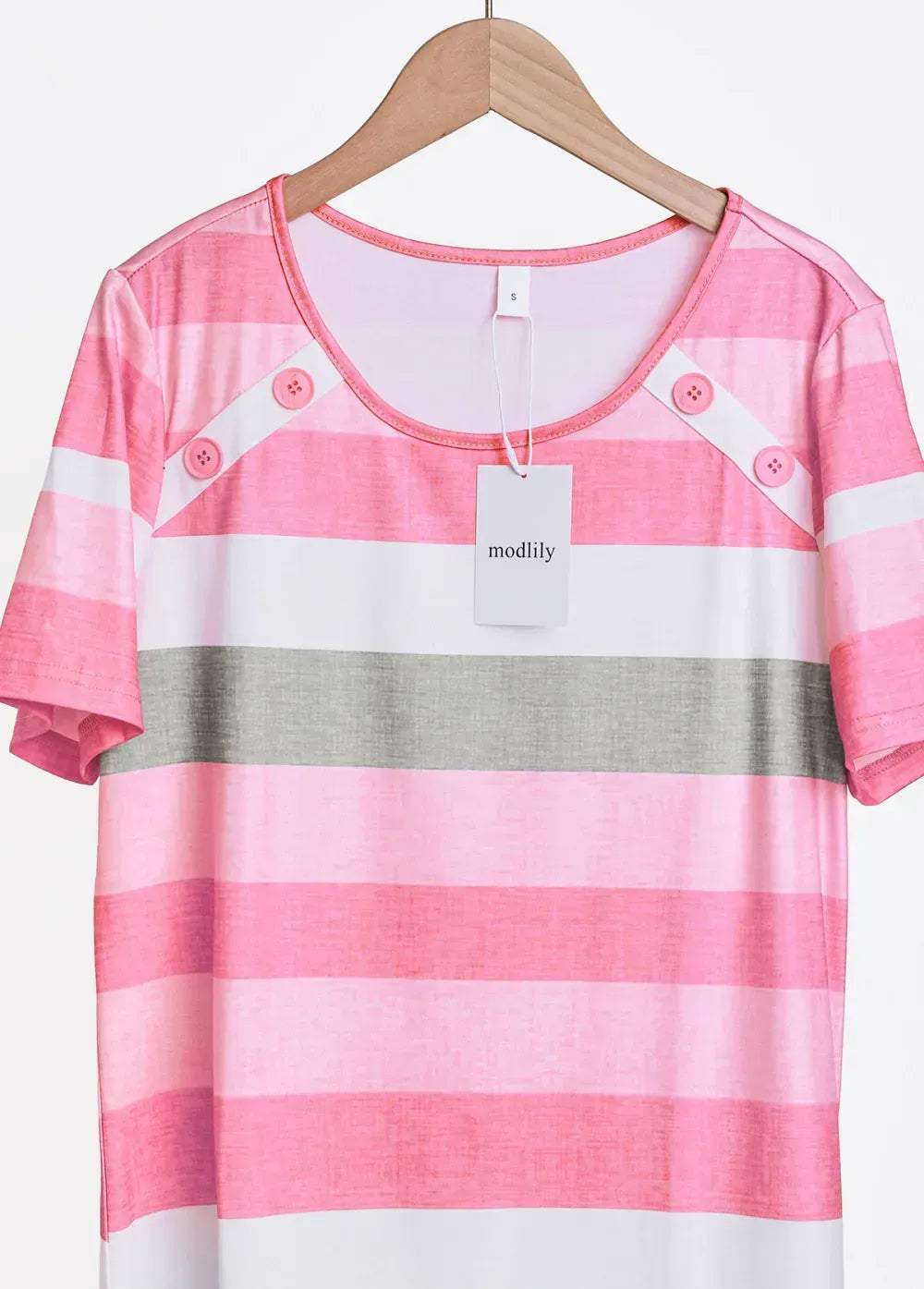 Light Pink Button Striped Short Sleeve T Shirt