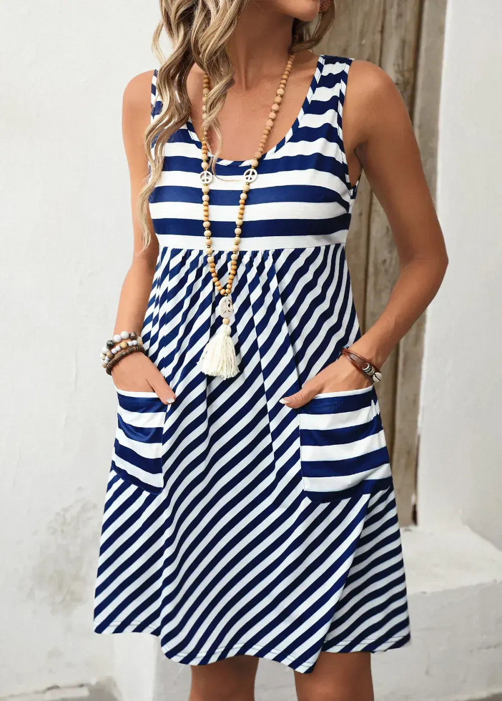 Navy Pocket Striped A Line Sleeveless Scoop Neck Dress