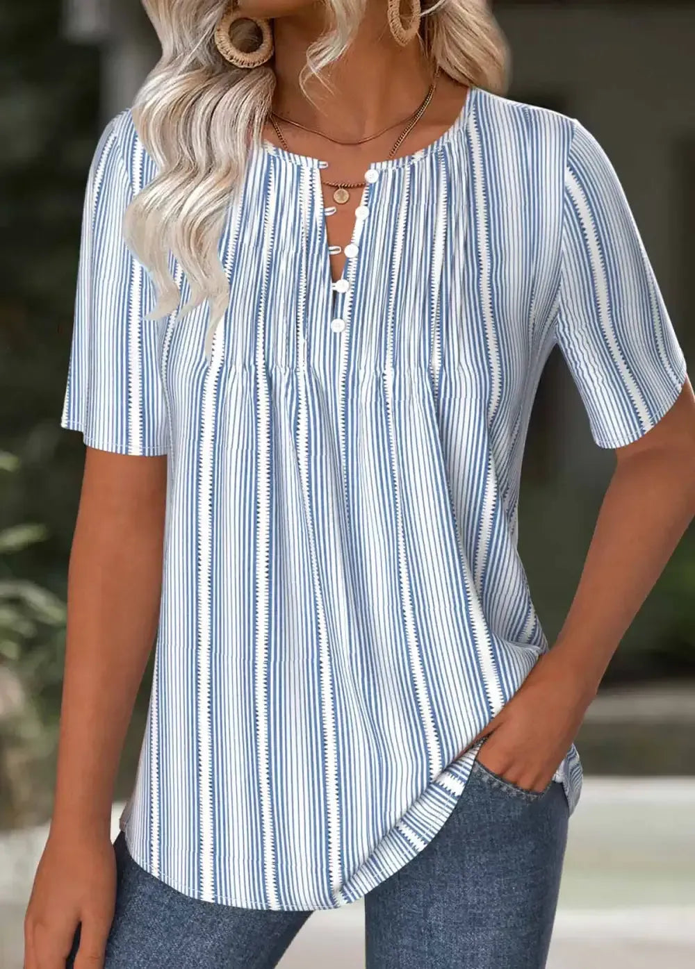 Light Blue Striped Short Sleeve Split Neck T Shirt