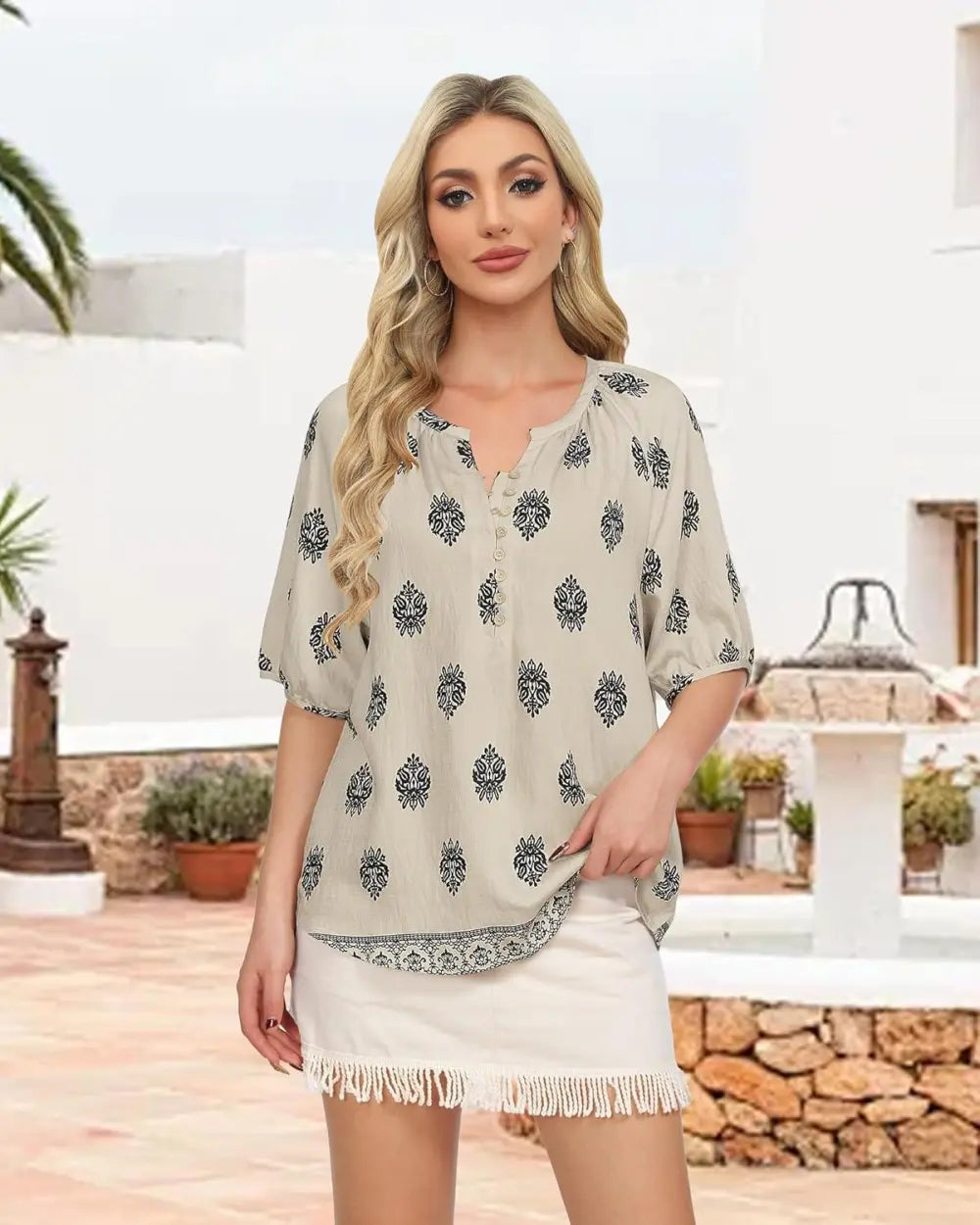 Unixseque Womens Summer Tops V Neck Short Sleeve Blouses Casual Button Down Shirts Floral Boho Clothing Trendy 2025