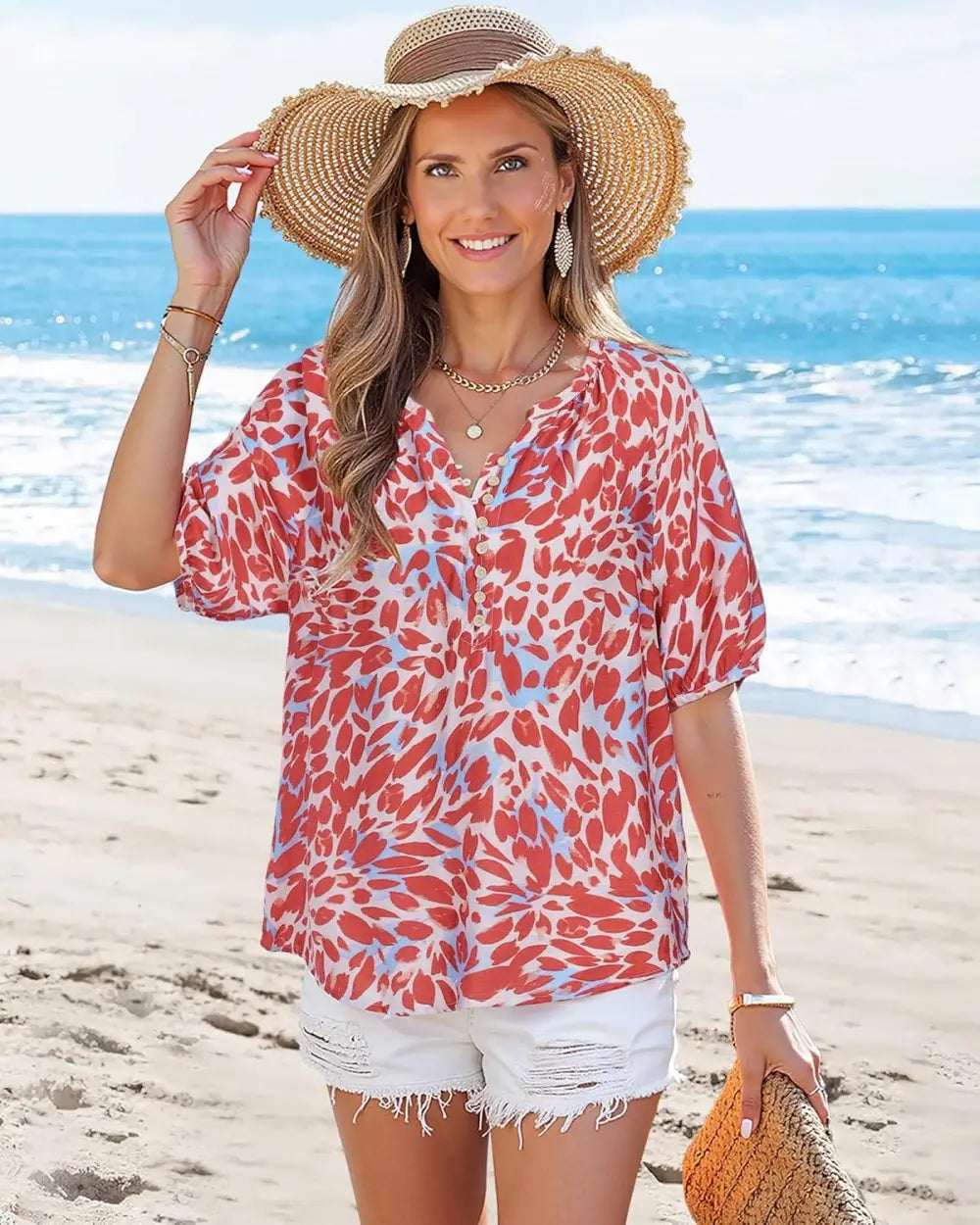 Unixseque Womens Summer Tops V Neck Short Sleeve Blouses Casual Button Down Shirts Floral Boho Clothing Trendy 2025