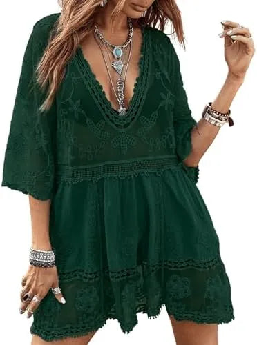 Women's Contrast Lace Bathing Suit Cover Up V-Neck Swimsuit Coverups Loose Swimwear Beach Dress Beachwear
