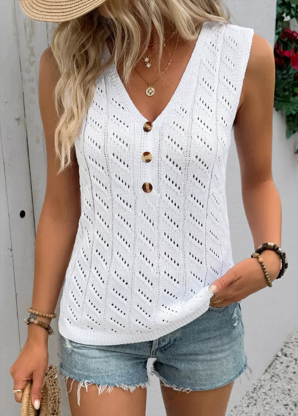 White Sleeveless V Neck Tank Top