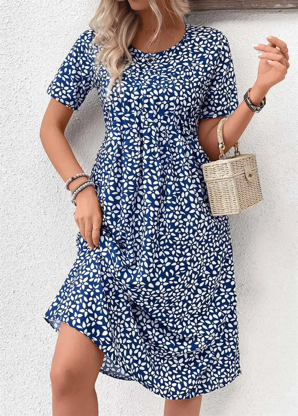 Navy Pocket Ditsy Floral Print Short Sleeve Dress