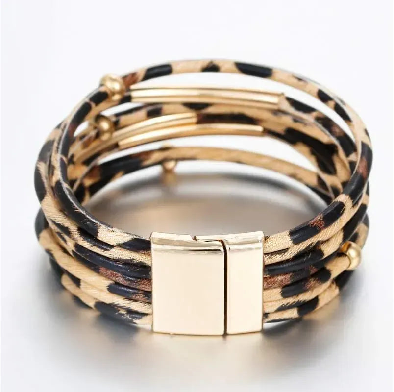 Fesciory Leather Wrap Bracelets for Women, Boho Leopard Multi-Layer Crystal Beads Cuff Bracelet Jewelry