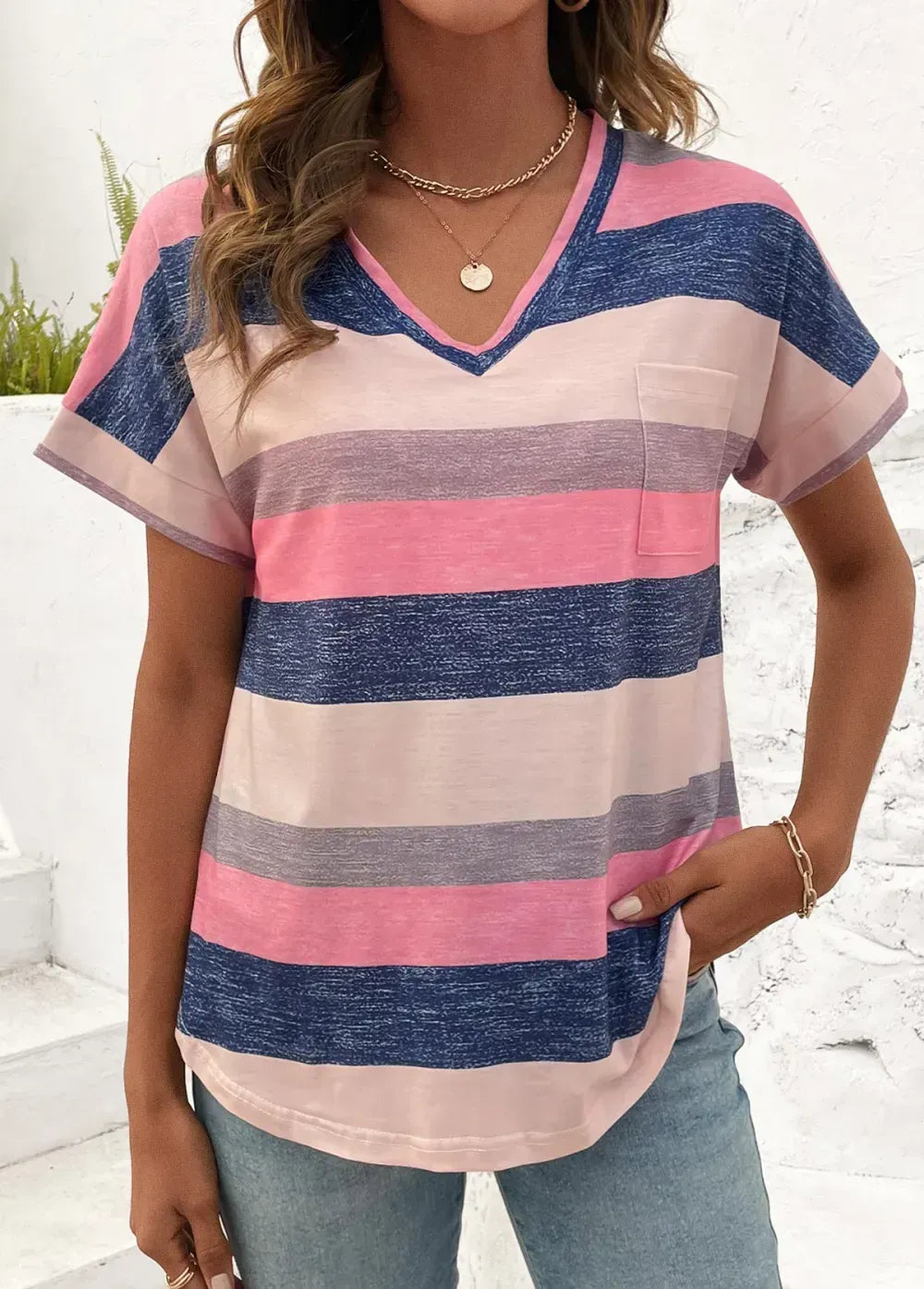 Multi Color Pocket Striped Short Sleeve T Shirt