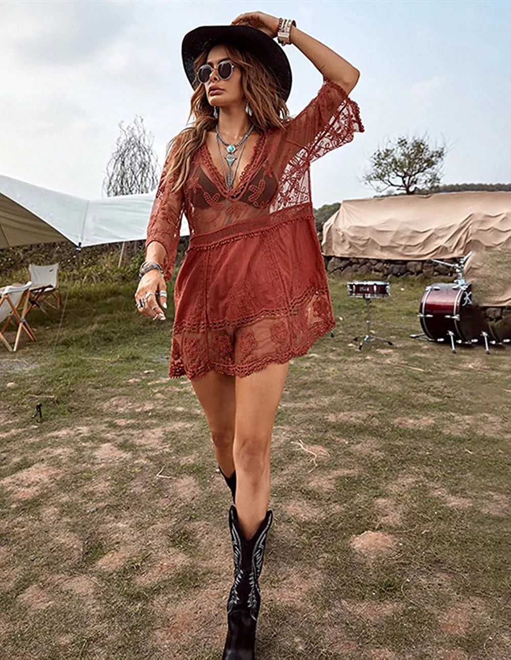 Women's Contrast Lace Bathing Suit Cover Up V-Neck Swimsuit Coverups Loose Swimwear Beach Dress Beachwear