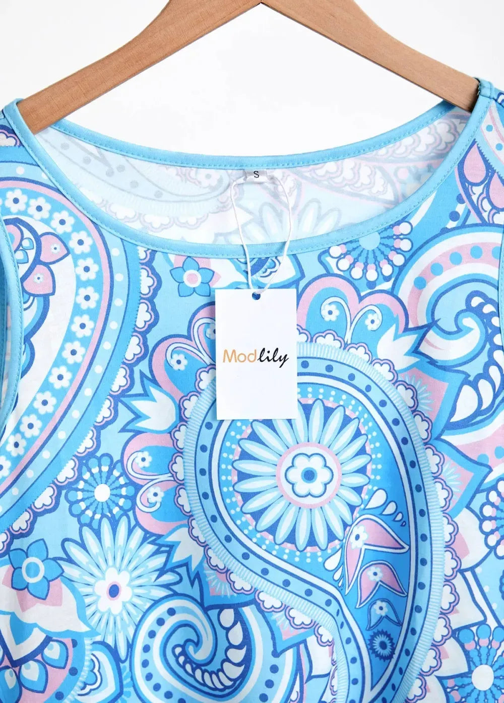 Light Blue Drawstring Paisley Print Short Sleeveless Dress