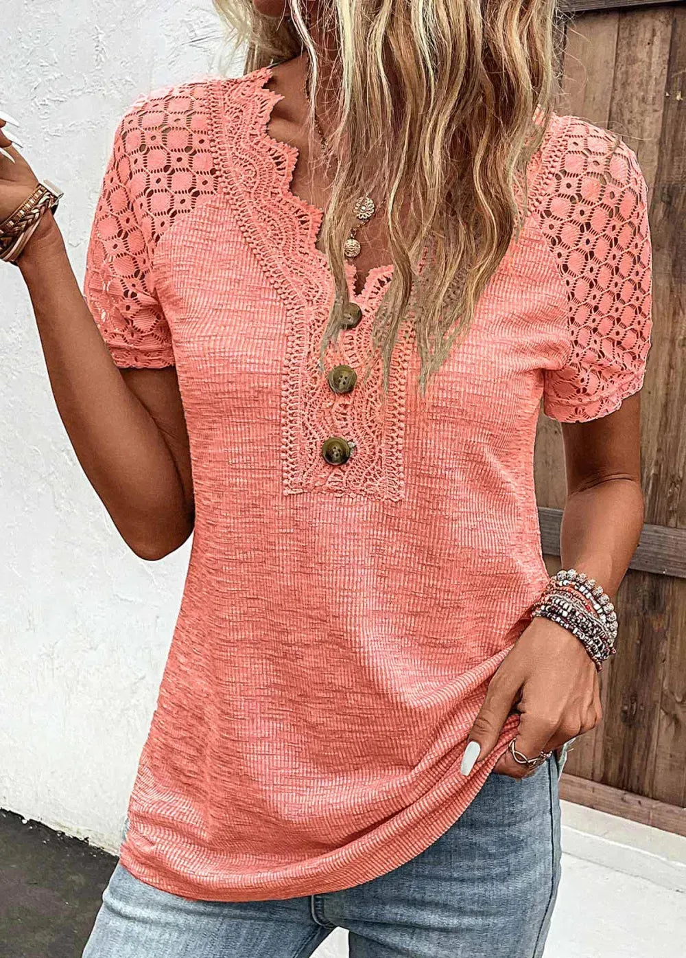 Orange Lace Short Sleeve V Neck T Shirt