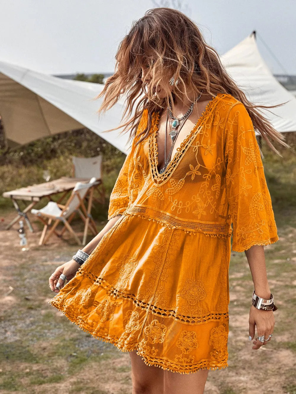 Women's Contrast Lace Bathing Suit Cover Up V-Neck Swimsuit Coverups Loose Swimwear Beach Dress Beachwear