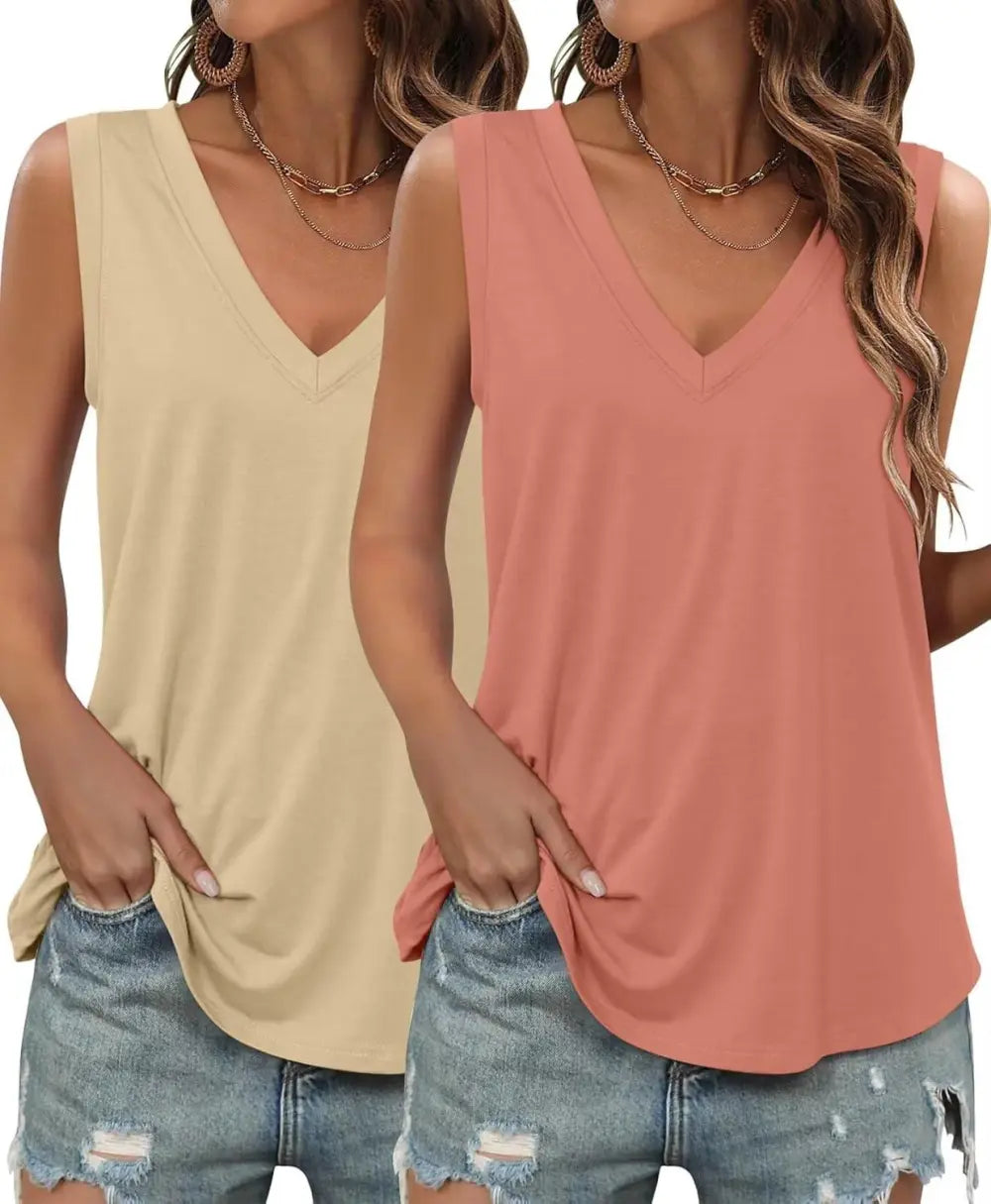 KKJ 2 Pack Womens Tank Tops Summer V Neck Sleeveless Loose Casual Blouses Beach Vacation Outfits Shirt Spring Trendy Clothes