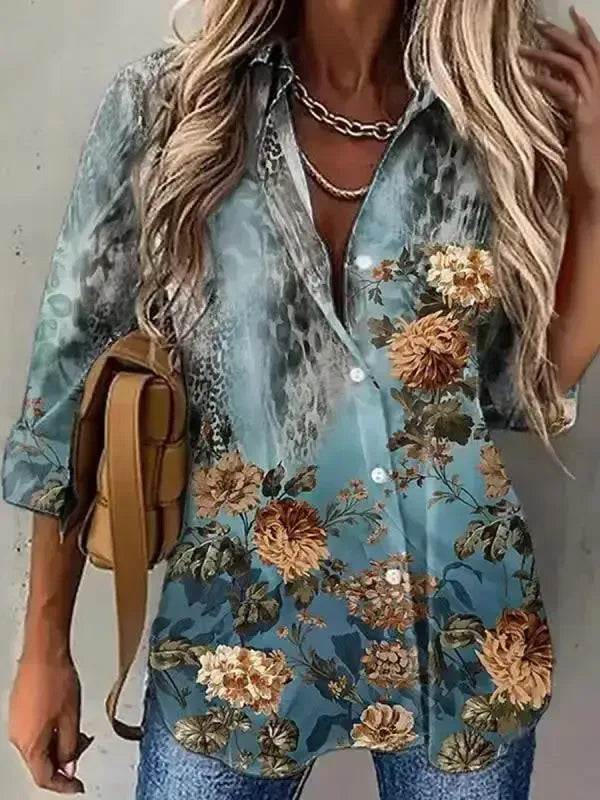 Women 3/4 Sleeve Shirt Collar Floral Printed Animal Print Button Top Shirts