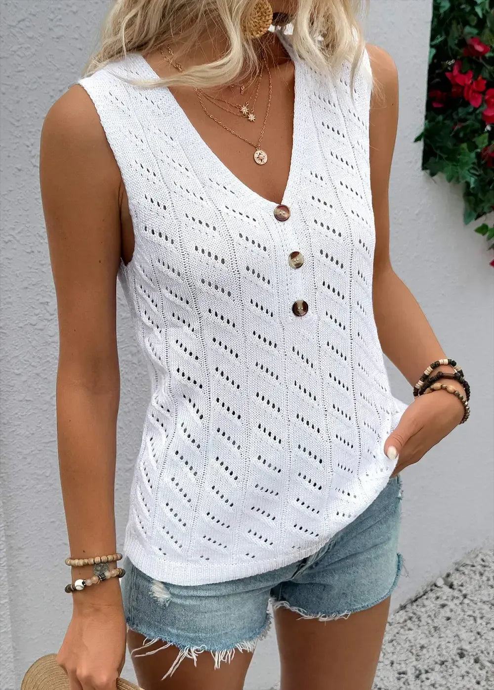 White Sleeveless V Neck Tank Top