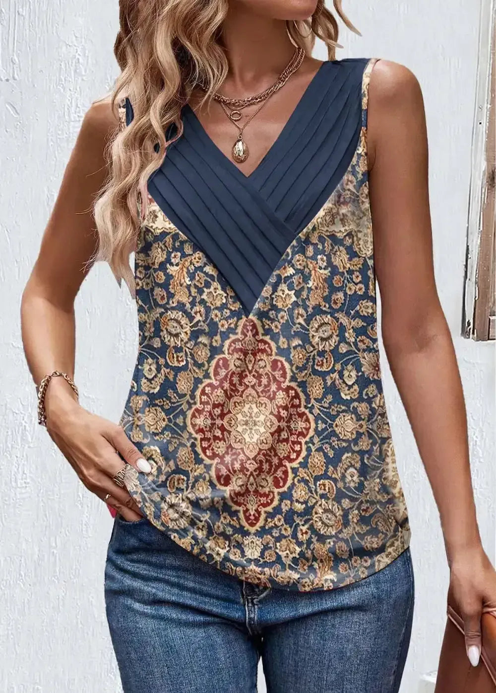 Blue Patchwork Tribal Print Sleeveless V Neck Tank Top