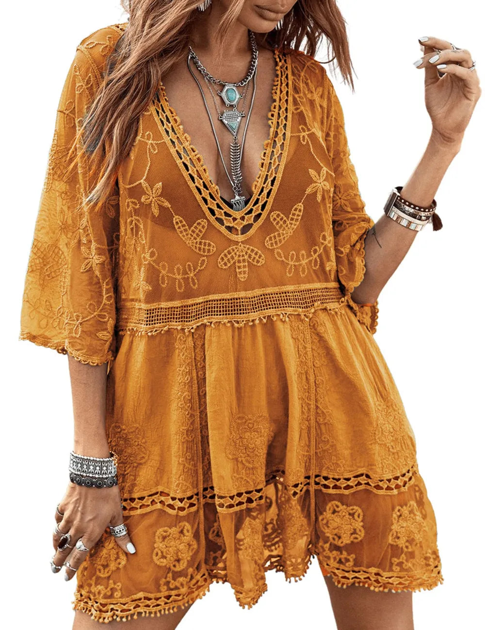 Women's Contrast Lace Bathing Suit Cover Up V-Neck Swimsuit Coverups Loose Swimwear Beach Dress Beachwear
