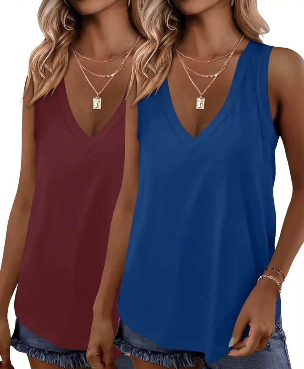 KKJ 2 Pack Womens Tank Tops Summer V Neck Sleeveless Loose Casual Blouses Beach Vacation Outfits Shirt Spring Trendy Clothes