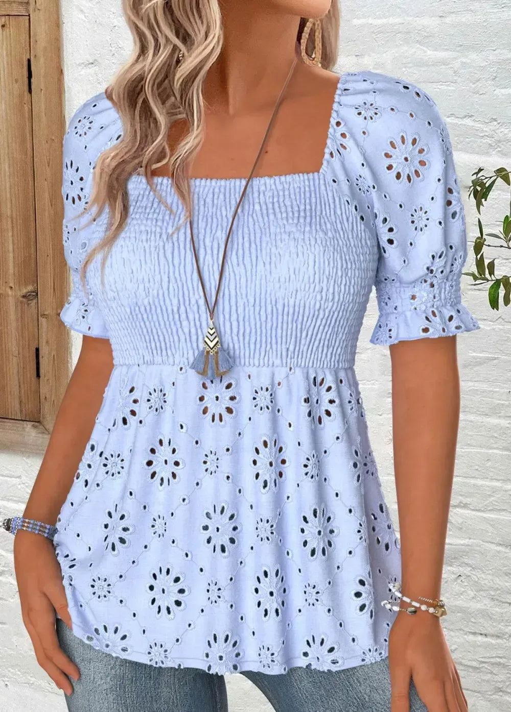 Dusty Blue Short Sleeve Square Neck Blouse