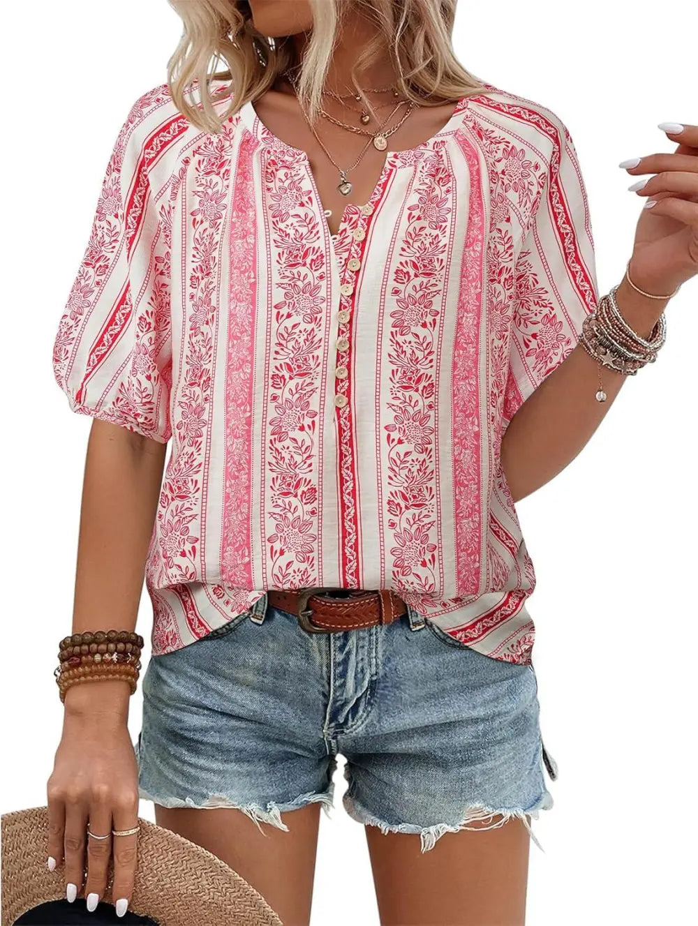 Unixseque Womens Summer Tops V Neck Short Sleeve Blouses Casual Button Down Shirts Floral Boho Clothing Trendy 2025