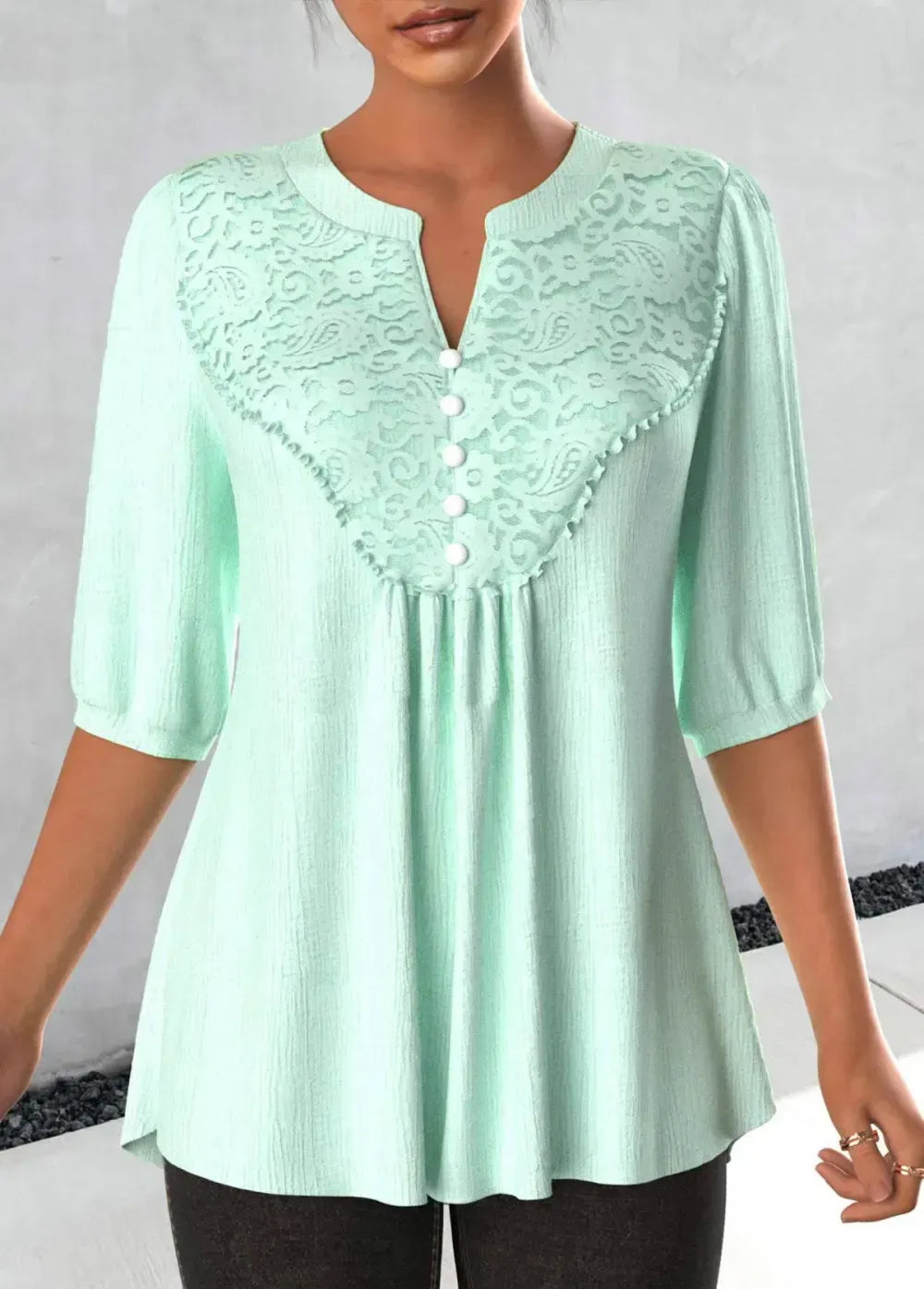Light Green Lace 3/4 Sleeve Split Neck Blouse