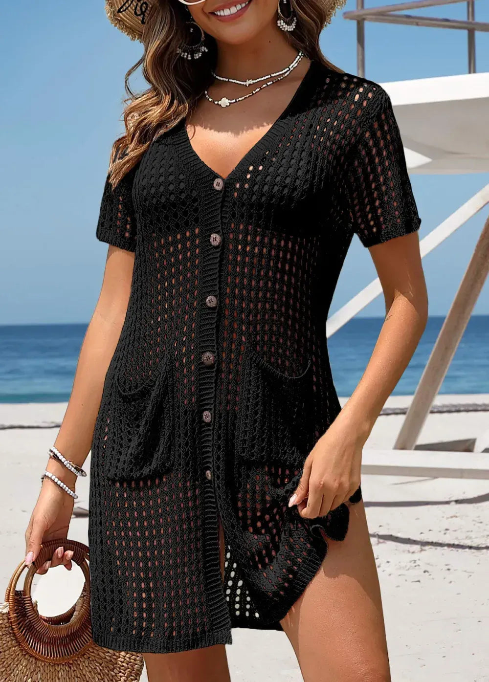 Black Pocket Short Sleeve Button Cover Up