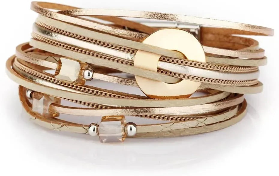 Fesciory Leather Wrap Bracelets for Women, Boho Leopard Multi-Layer Crystal Beads Cuff Bracelet Jewelry