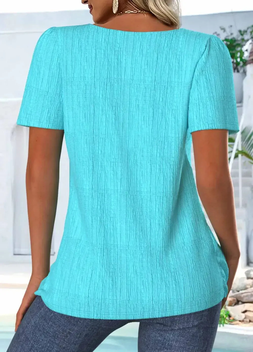 Cyan Short Sleeve Square Neck T Shirt