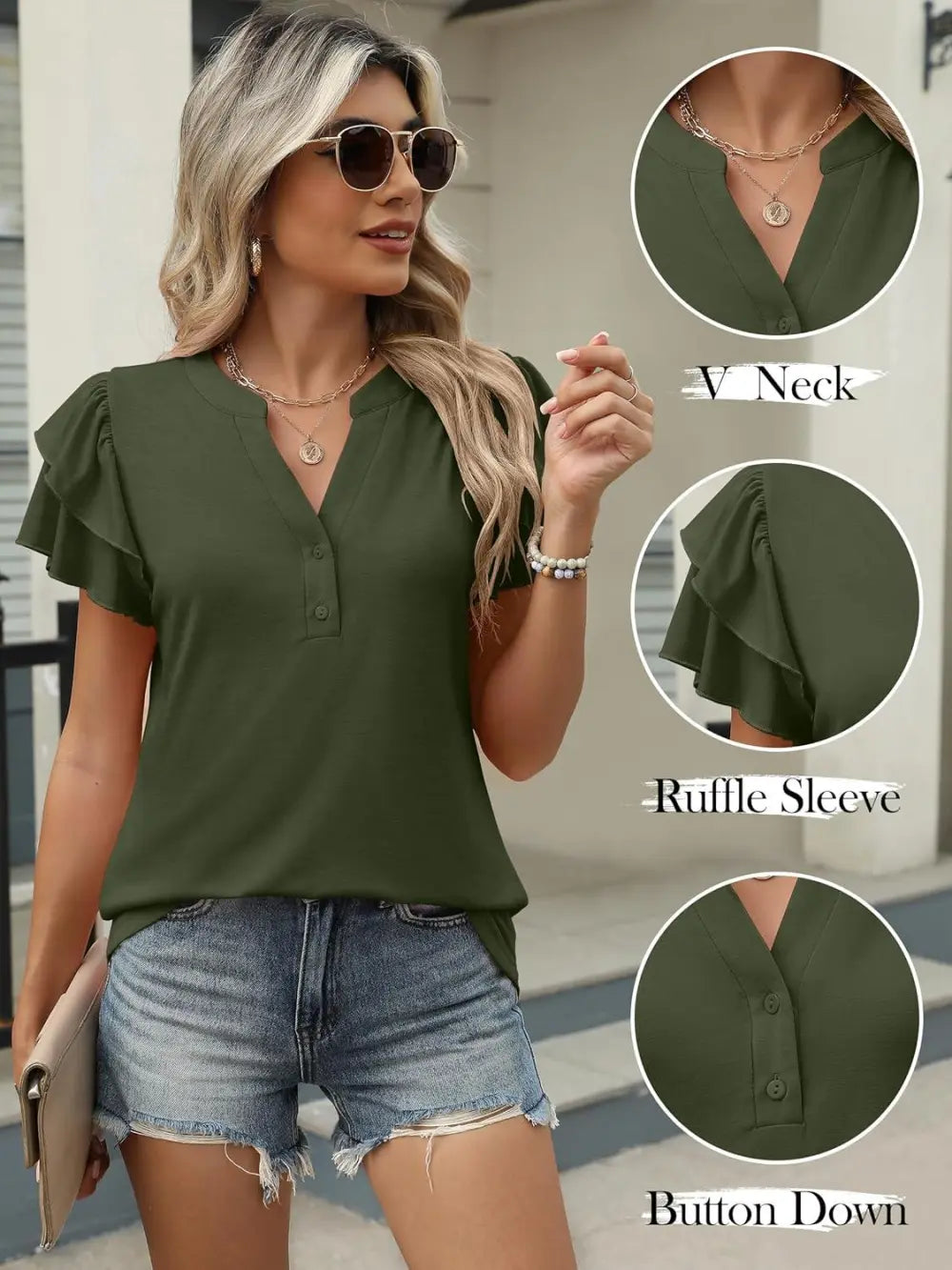 ANRABESS Womens Tops Dressy Casual Ruffle Short Sleeve V Neck Blouses Summer Button Down Business Work Elegant Shirts