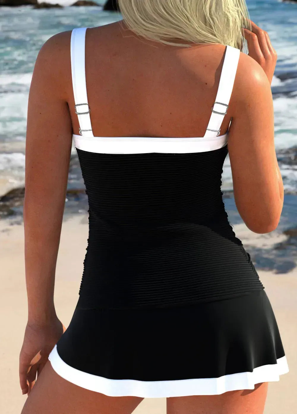 Contrast Binding Patchwork Black Tankini Set
