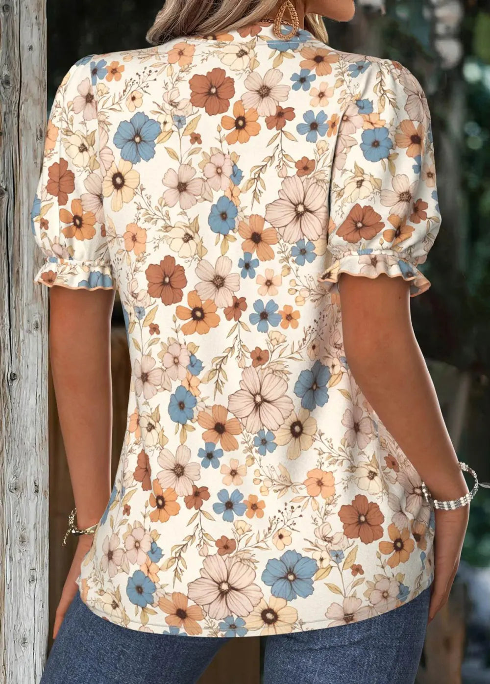 Beige Floral Print Short Sleeve Stand Collar Blouse