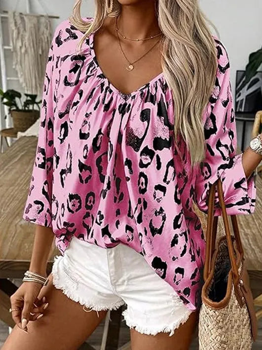V-Neck Leopard Print Casual Top