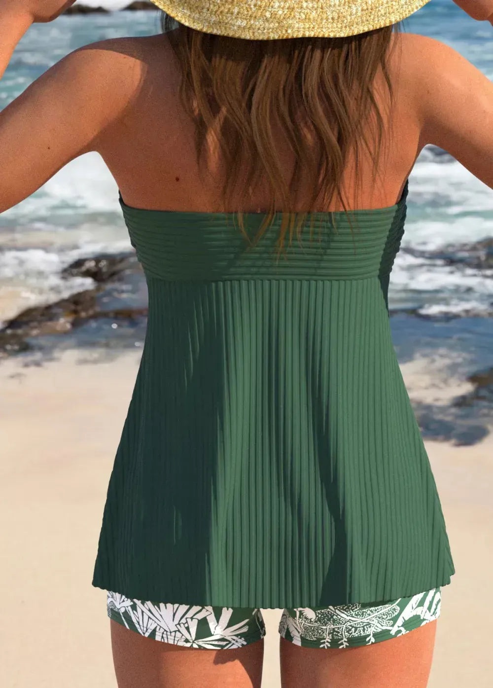 Ruffle Tropical Plants Print Green Tankini Set
