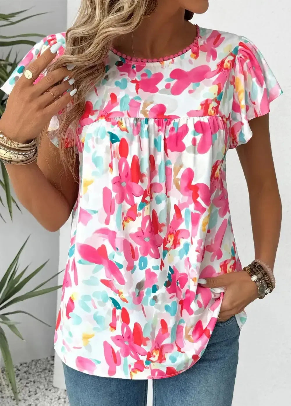 Hot Pink Floral Print Short Sleeve Round Neck Blouse