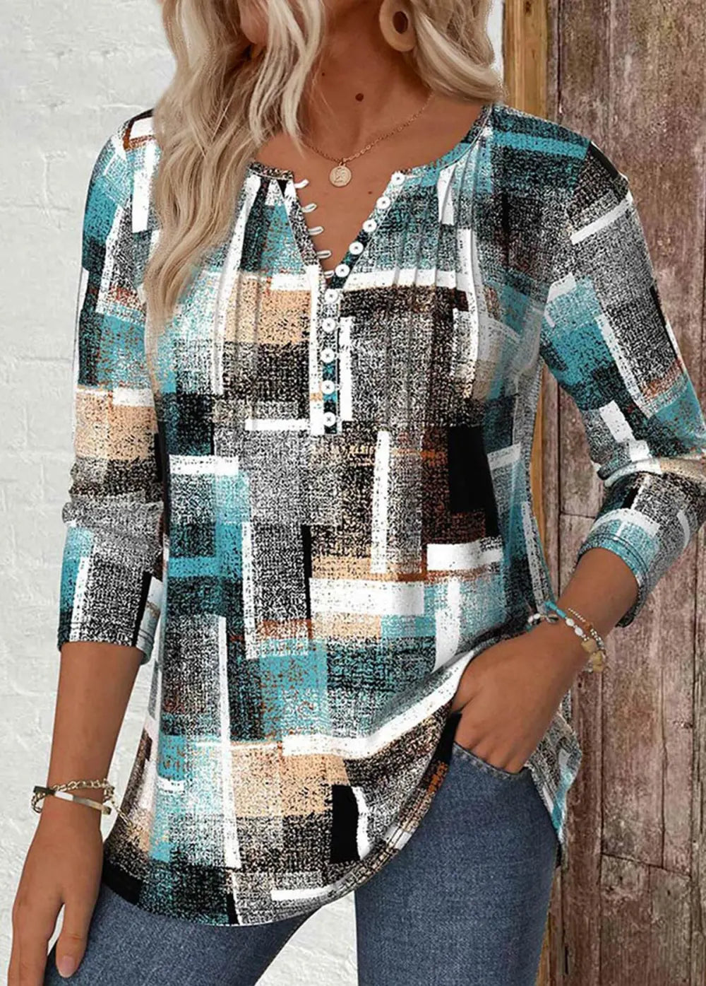 Multi Color Geometric Print Long Sleeve T Shirt