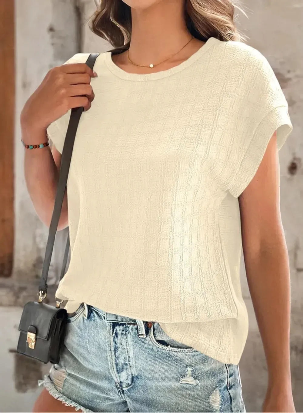 Dokotoo Tops for Women Trendy Summer Casual Cap Short Sleeve Basic Textured Solid Color Round Neck T Shirts Blouse