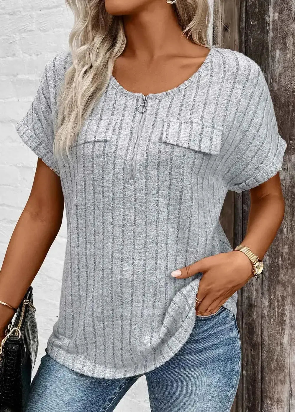 Light Grey Marl Zipper Short Sleeve V Neck Blouse