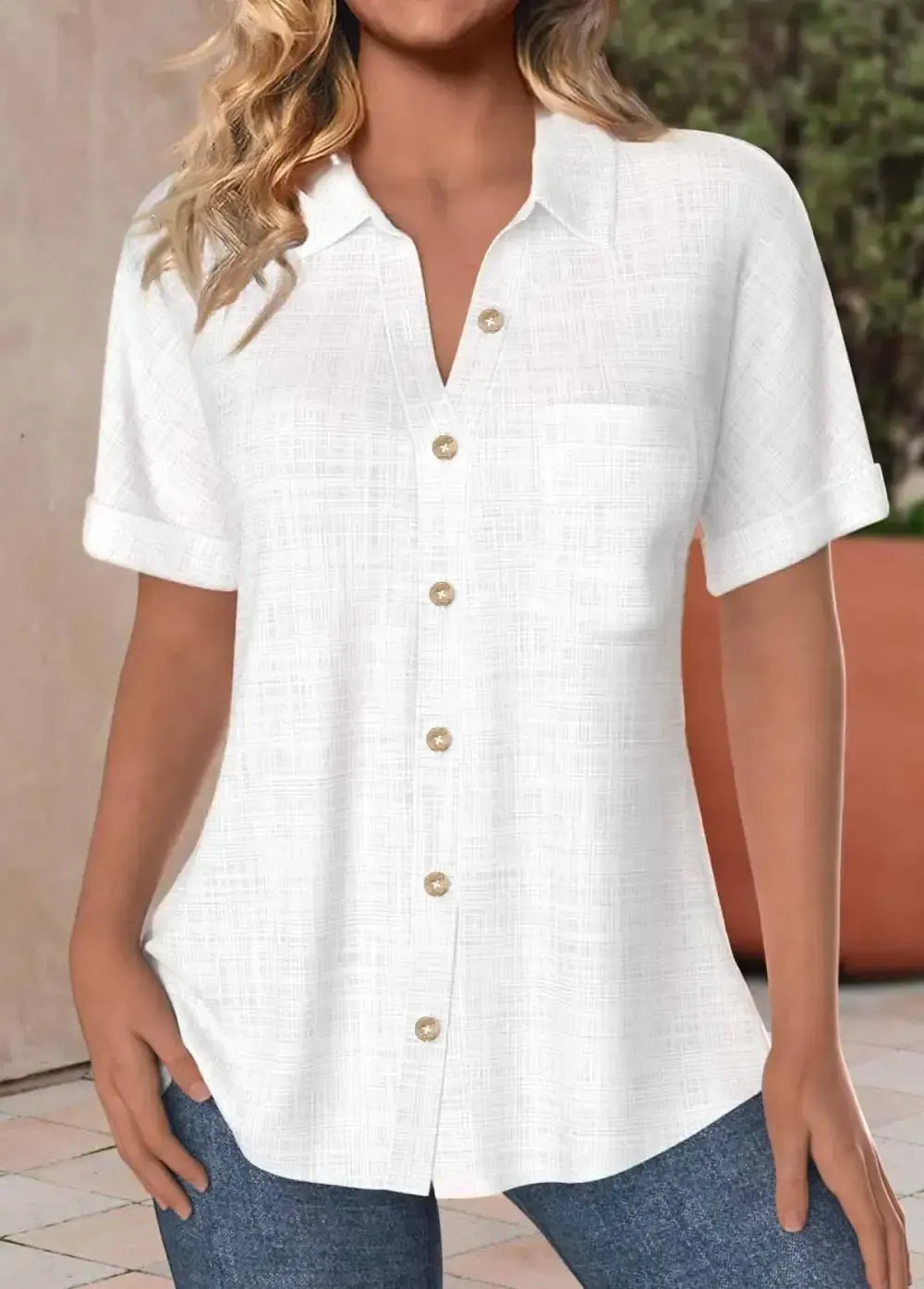 Button Up White Pocket Short Sleeve Shirt