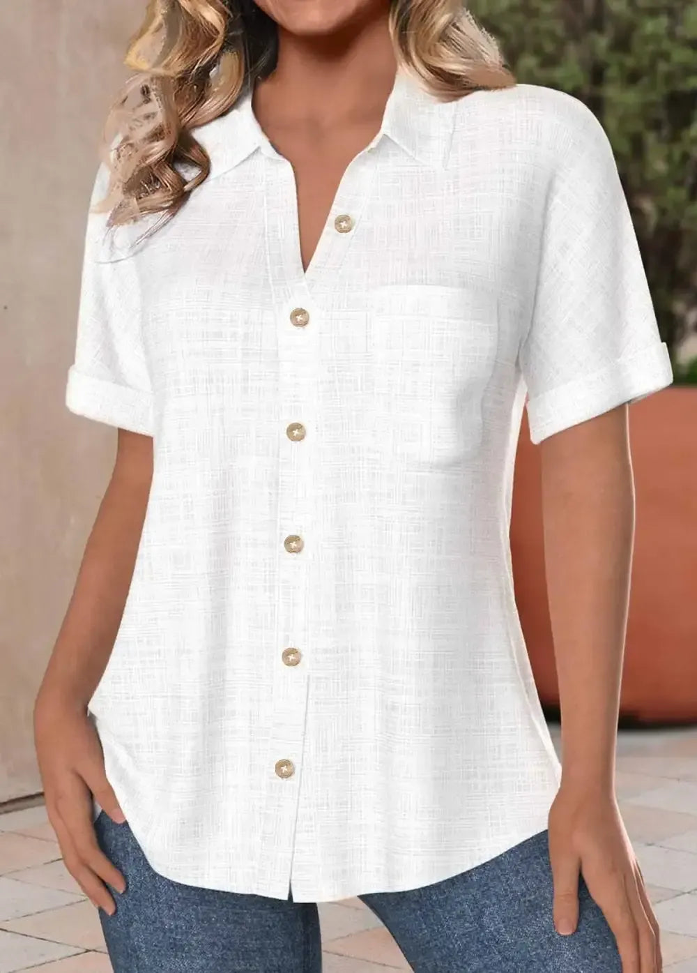 Button Up White Pocket Short Sleeve Shirt