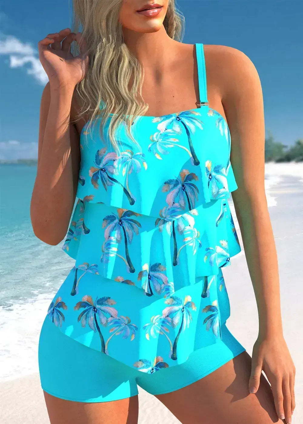 COCONUT TREE PRINT CYAN LAYERED HEM TANKINI SET