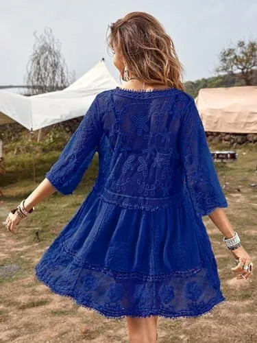 Women's Contrast Lace Bathing Suit Cover Up V-Neck Swimsuit Coverups Loose Swimwear Beach Dress Beachwear
