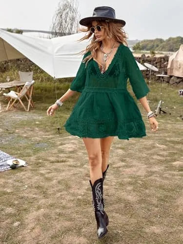 Women's Contrast Lace Bathing Suit Cover Up V-Neck Swimsuit Coverups Loose Swimwear Beach Dress Beachwear