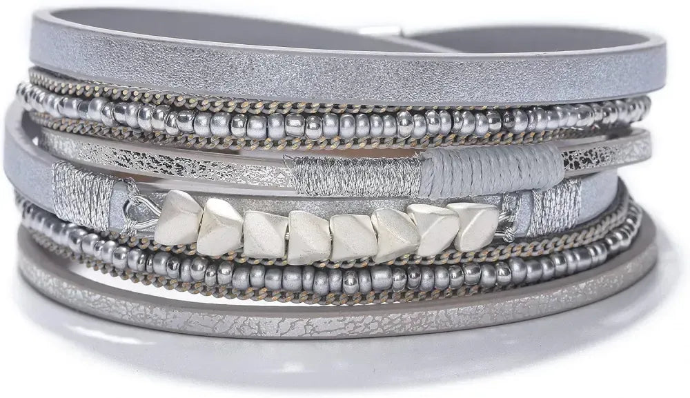 Fesciory Leather Wrap Bracelets for Women, Boho Leopard Multi-Layer Crystal Beads Cuff Bracelet Jewelry