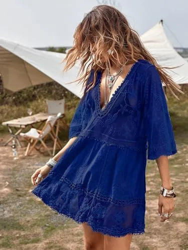 Women's Contrast Lace Bathing Suit Cover Up V-Neck Swimsuit Coverups Loose Swimwear Beach Dress Beachwear