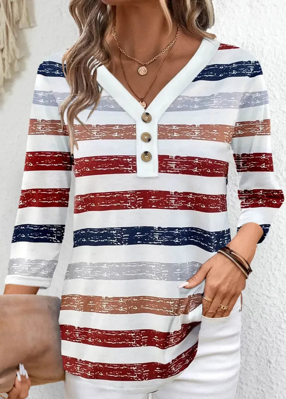 Multi Color Button 3/4 Sleeve V Neck T Shirt