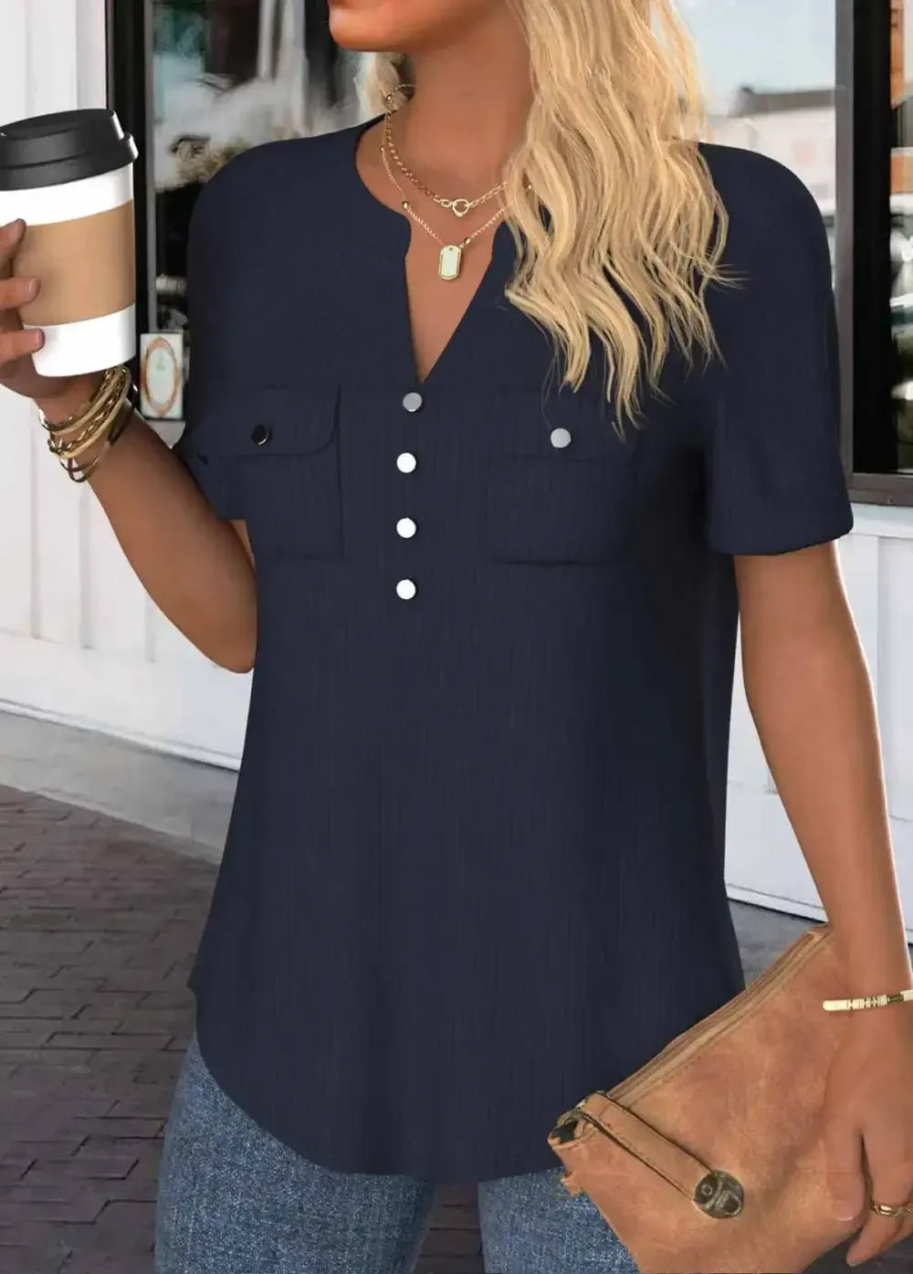 Navy Button Short Sleeve Split Neck Blouse