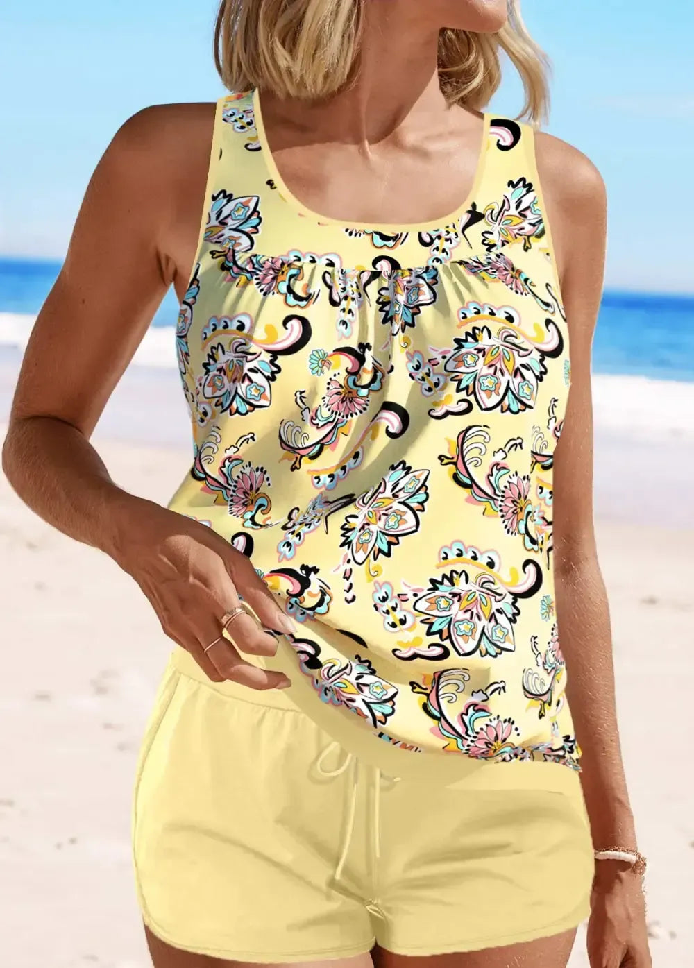 Patchwork Tribal Print Light Yellow Tankini Set